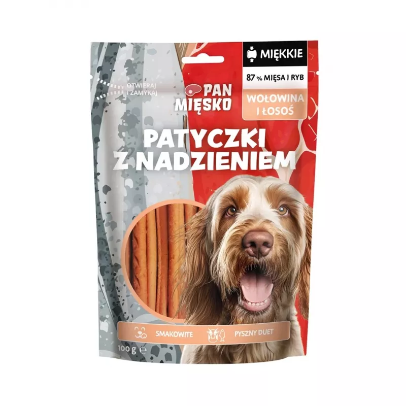 Snack para cães Pan Miesko recheio de vaca e salmão para cães adultos 100 g — snack complementar hipoalergénico, proteína 28 %, gordura 20 %