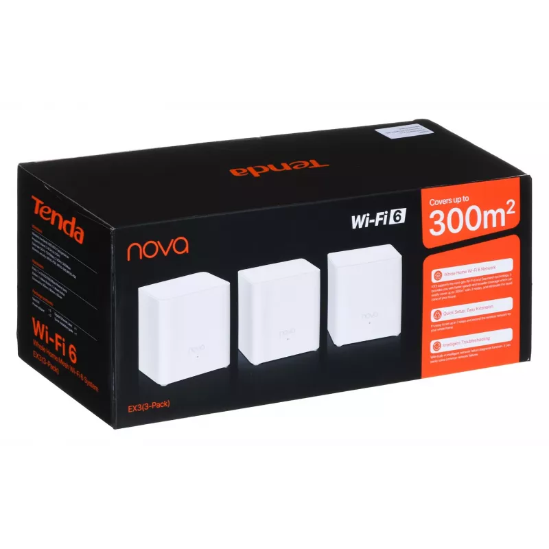 Sistema Mesh WLAN TENDA EX3-3, pack de 3, Dualband 2,4/5 GHz, Wi‑Fi 6, até 1201+300 Mbit/s, 2 antenas internas, WPA3