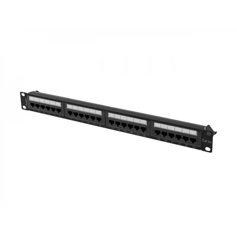 Patch panel 1U LANBERG PPUA-1024-B, 24 portas, Cat6a, U/UTP, rack 1U, profundidade 102 mm, metal, preto