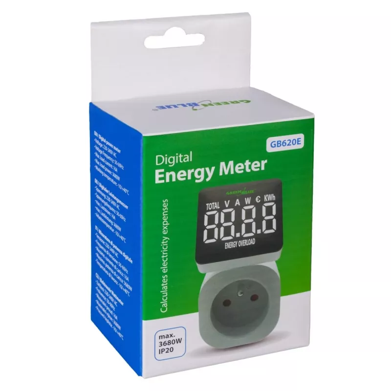 Medidor de energia GreenBlue GB620E para rede 220 V, máx. 16 A, medidor de corrente/energia com ficha