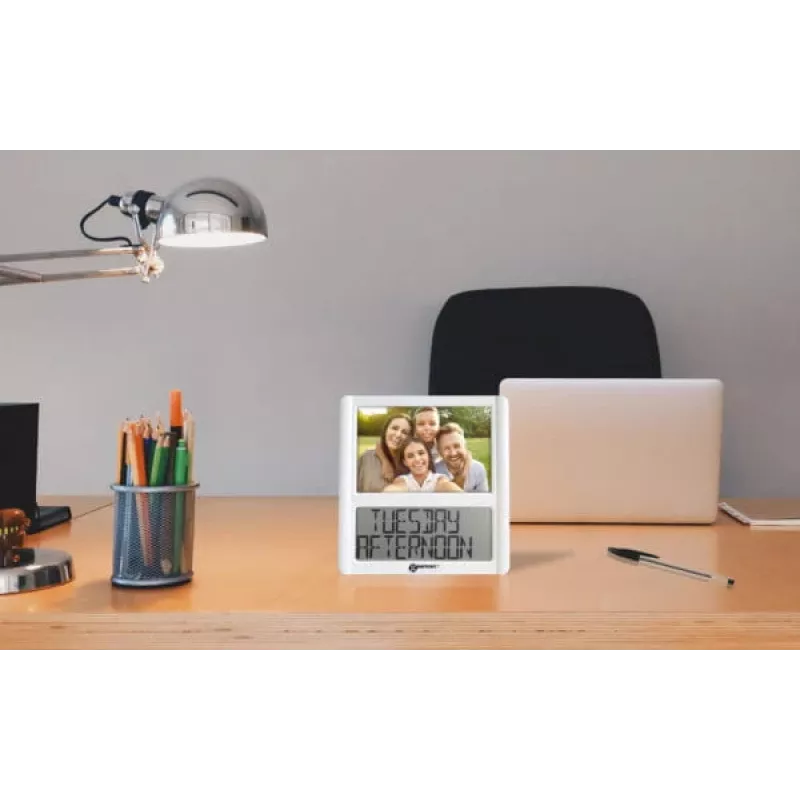 Geemarc Viso 5 relógio controlado por rádio com moldura de fotografias, branco