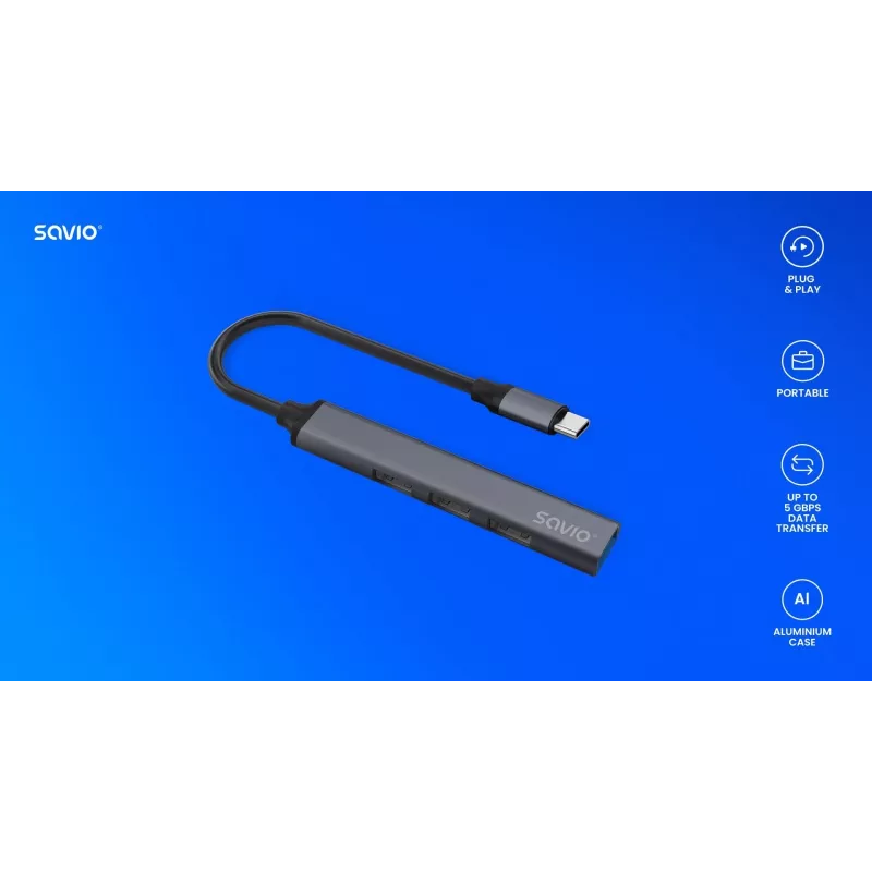 Hub de interface USB 3.0 4 portas SAVIO AK-71 com host USB-C, 5000 Mbit/s, garantia 2 anos
