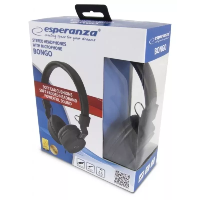 Auscultadores ESPERANZA BONGO EH212K — com fios, arco de cabeça, 20–20000 Hz, cabo de 1,5 m, preto