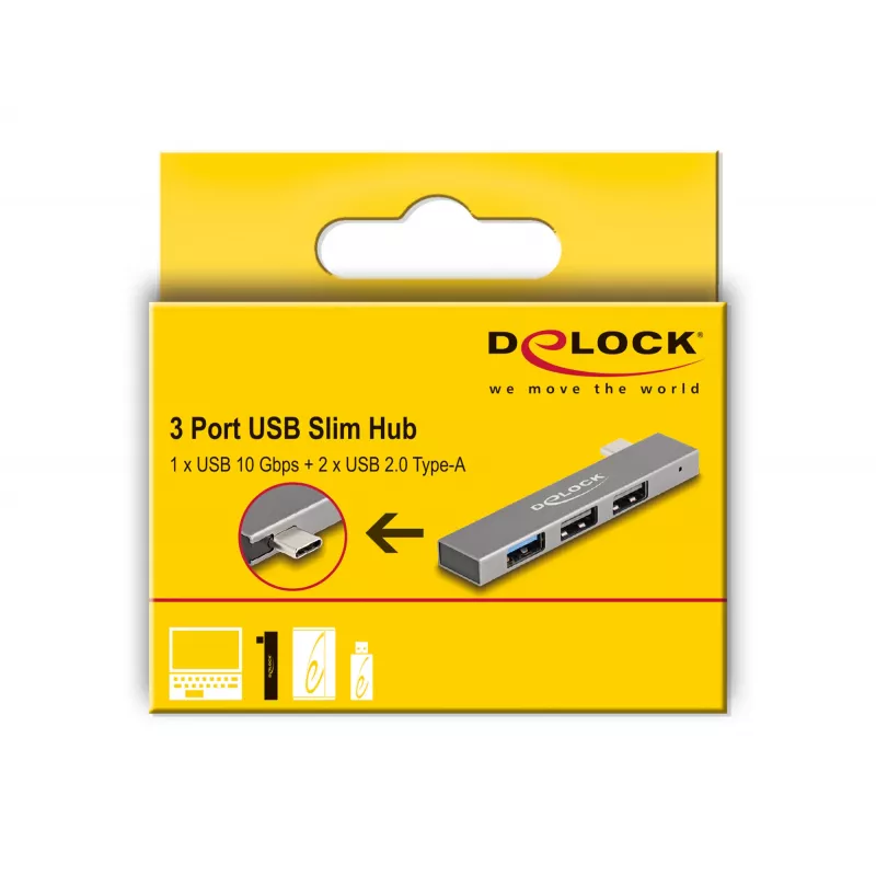 Hub USB DeLOCK 3 portas fino USB Type-C 10 Gbps 2 x USB 2.0