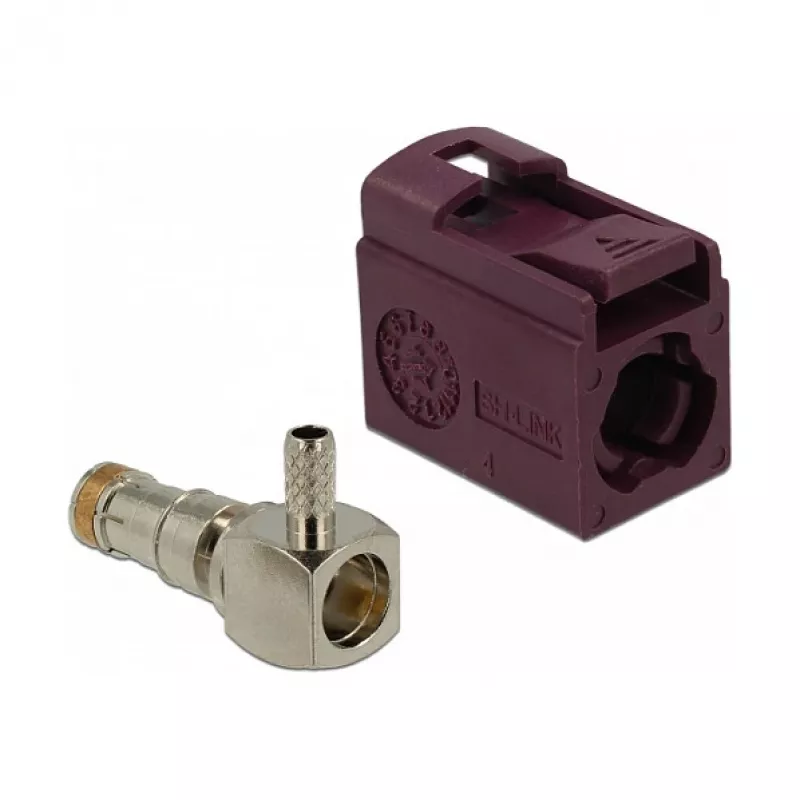 Conector coaxial DELOCK 89716 – FAKRA D macho, 90° angular, 13,8 × 21,5 × 9,5 mm