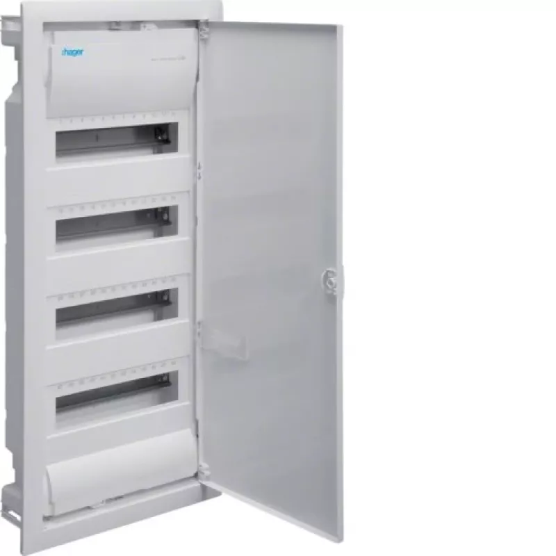 Hager Volta VU48NE quadro elétrico de encastrar, 4 filas, 48 módulos, IP30, porta metálica, 348×755,5×98 mm, branco