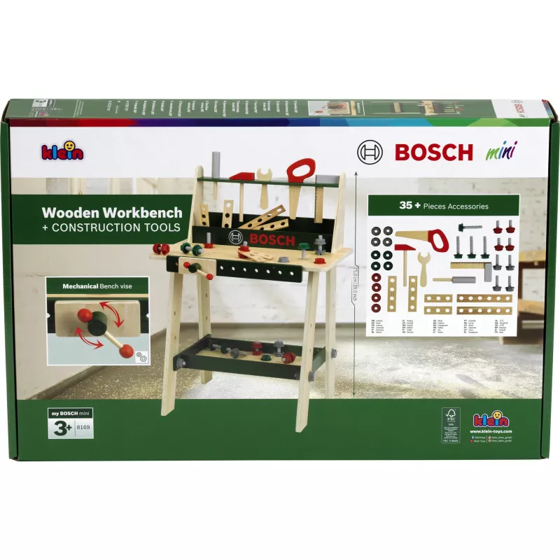 Bancada de trabalho de madeira para crianças Theo Klein Bosch modelo 8169 com tampo de madeira de pinho de tamanho médio e ferramentas de brincar