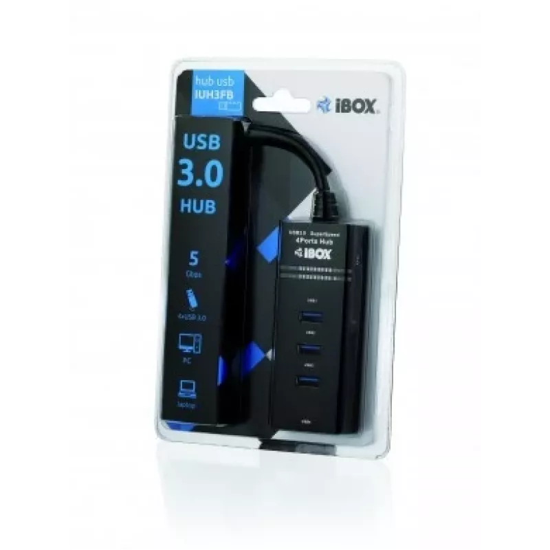 Hub USB 3.2 Gen 1 Type-A 4 portas IBOX IUH3FB, 5000 Mbit/s, preto, cabo de 0,5 m