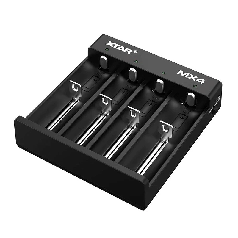 Carregador XTAR MX4 4 slots universal Li-Ion NiMH USB-C, preto, suporta 4 pilhas
