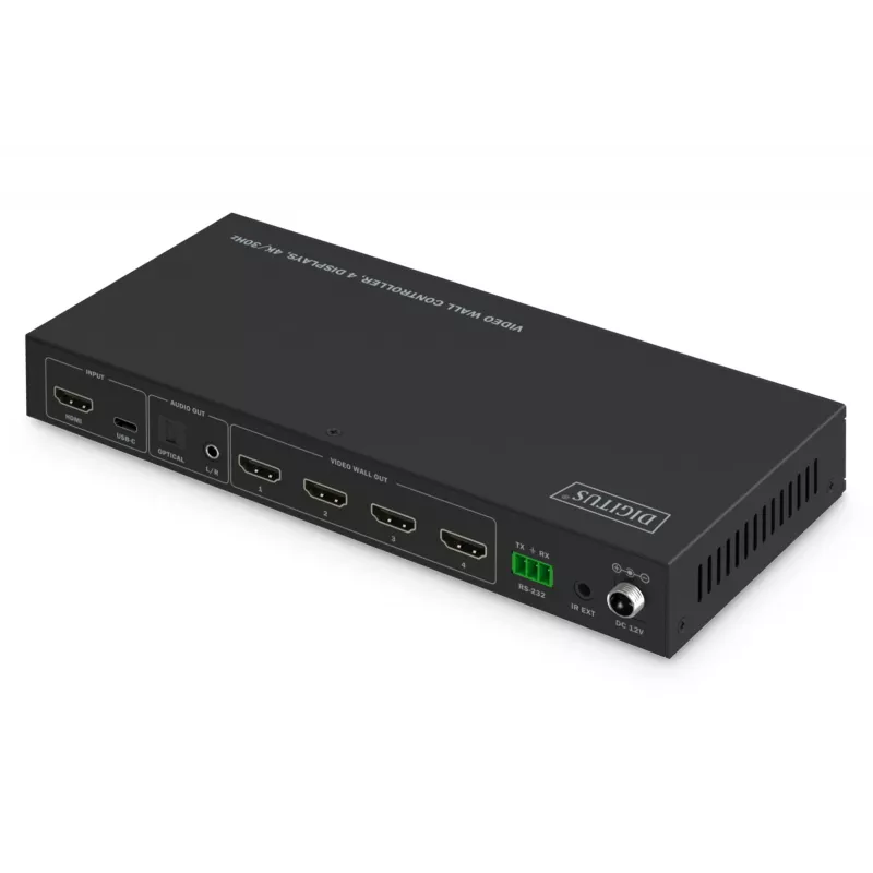 DIGITUS DS-55358 controlador de video wall HDMI, 4 ecrãs, saída 4K/30Hz, entrada 4K/60Hz via HDMI 2.0 / USB-C (DP 1.2a), RS232, telecomando, preto