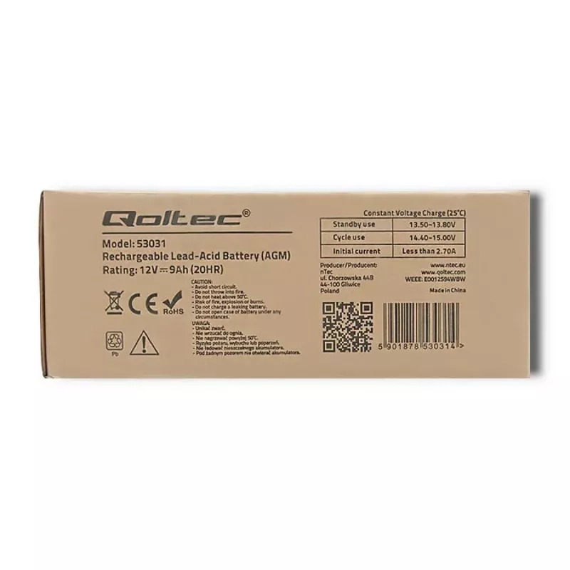 Bateria UPS QOLTEC 53031 12V 9Ah verde, 152×94×65 mm, 2,35 kg