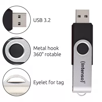Pen drive Intenso Office Line, 64 GB, USB-A, 3.2 Gen 1x1, preto-prateado, 64 GB, USB Type-A, 3.2 Gen 1 (3.1 Gen 1), anel rotativo, preto, prateado