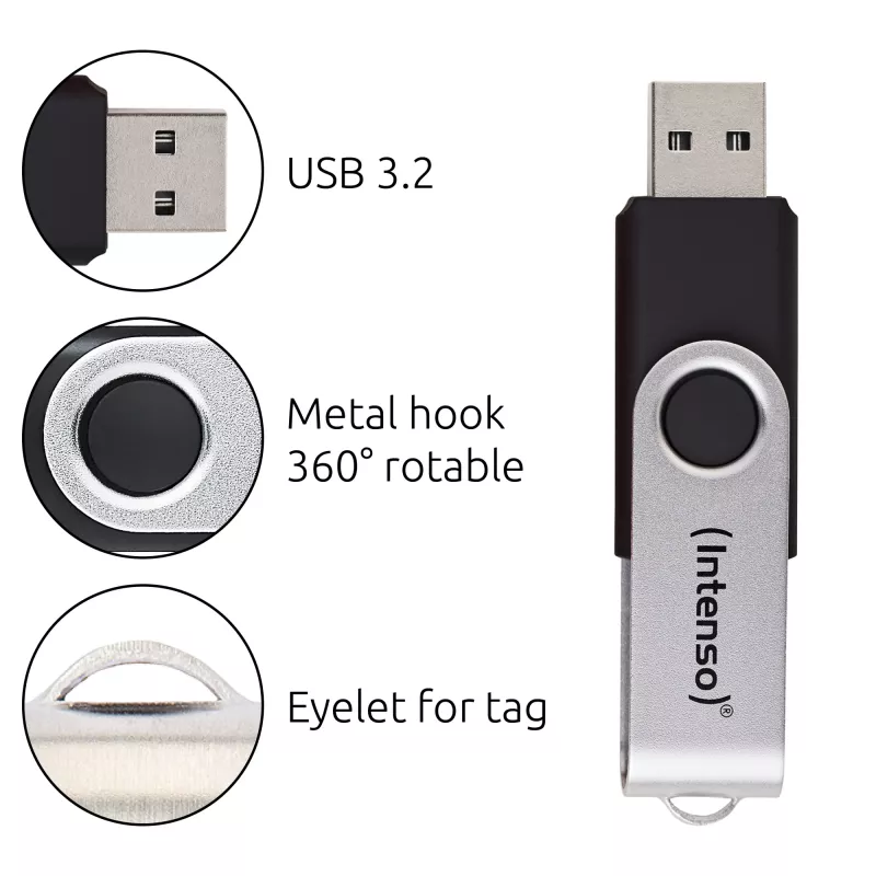 Pen drive Intenso Office Line, 64 GB, USB-A, 3.2 Gen 1x1, preto-prateado, 64 GB, USB Type-A, 3.2 Gen 1 (3.1 Gen 1), anel rotativo, preto, prateado
