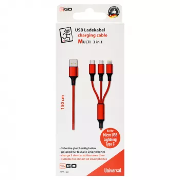 Cabo USB 2GO 797150 1,5m USB B USB C/Micro-USB B/Lightning vermelho