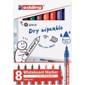 Marcador de quadro branco Edding 4-361-8-S2999, ponta de 1 mm, preto, pack de 8