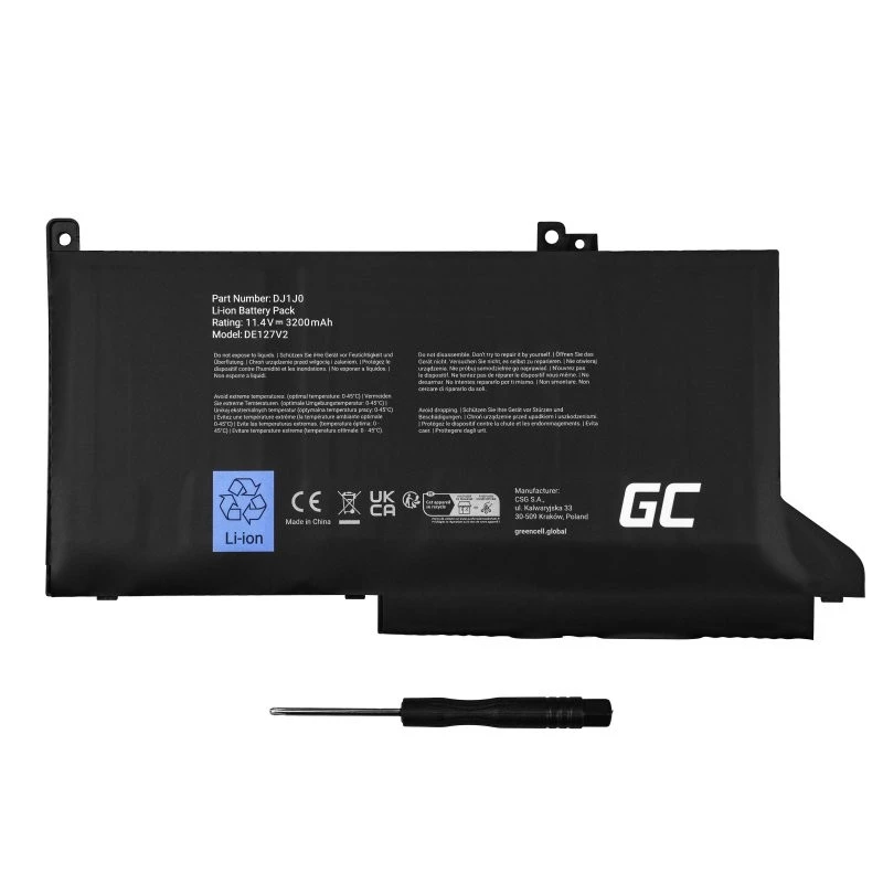 Bateria Green Cell DE127V2 para DELL Latitude — 11,4 V LiPo 2700 mAh, 3 células, preto