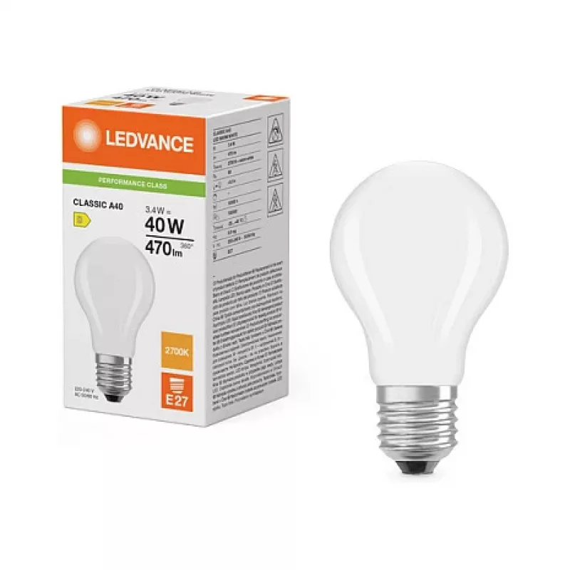 Lâmpada LED Osram LED Classic A 40 Filament P 3.4W 827 fosco E27, forma clássica de bulbo