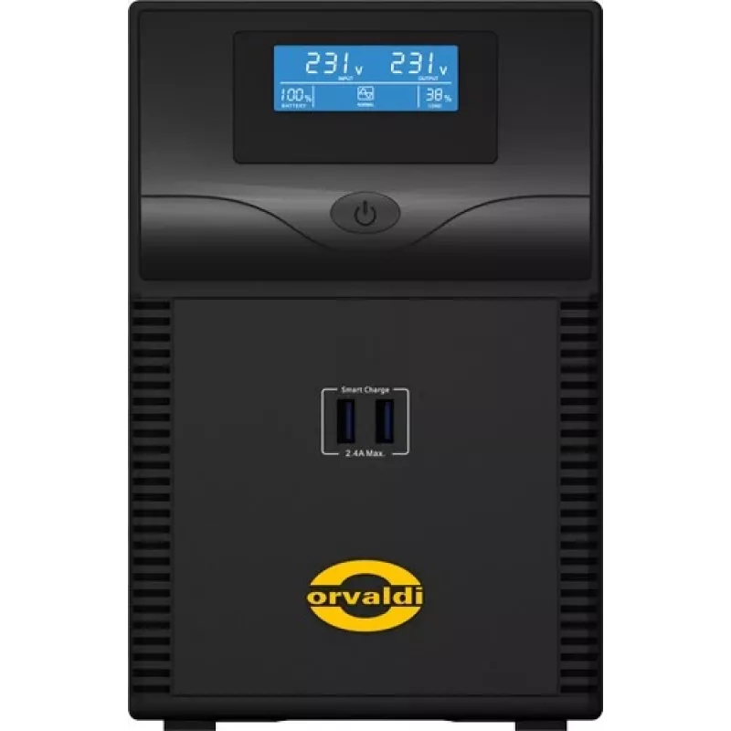 Fonte de alimentação ininterrupta ORVALDI ID2K0CH Line-Interactive 2 kVA / 1200 W, 24 V, baterias de 9 Ah, LCD, USB, compacto preto