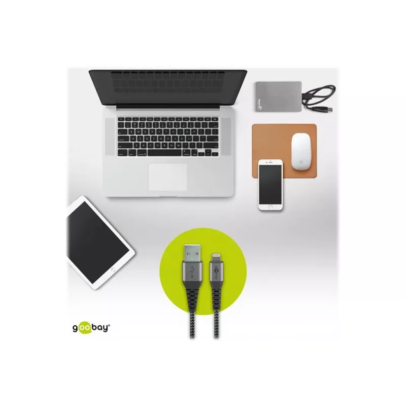 Goobay 49269 cabo USB-A para Lightning, 2 m, revestimento têxtil, fichas metálicas, certificado MFi, USB 2.0, cinzento sideral/prateado