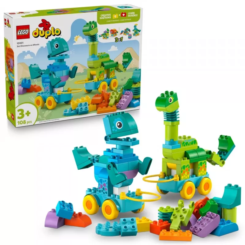 Brinquedo de construção LEGO DUPLO 10451 Dinossauros sobre Rodas conjunto 3-em-1, 108 peças, idade 3+, altura 220 mm