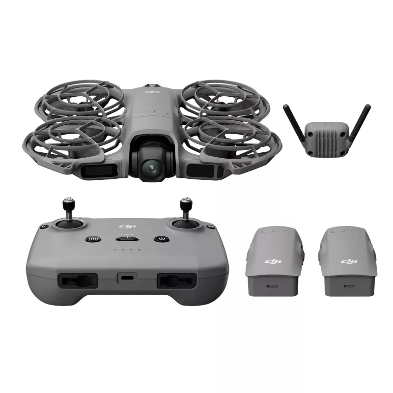 Drone quadricóptero DJI Neo 2 Fly More Combo — 4 rotores, câmara de 12 MP, vídeo 2688×1512, bateria de 1606 mAh, 49 GB de armazenamento interno, Preto/Cinzento