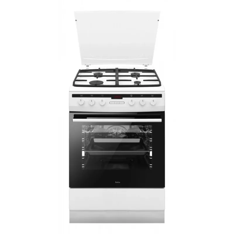 Fogão independente AMICA 617GEH3.33HZpTaDpA(W) PIZZA — placa a gás 4 zonas, forno elétrico 65 L, temporizador eletrónico, branco