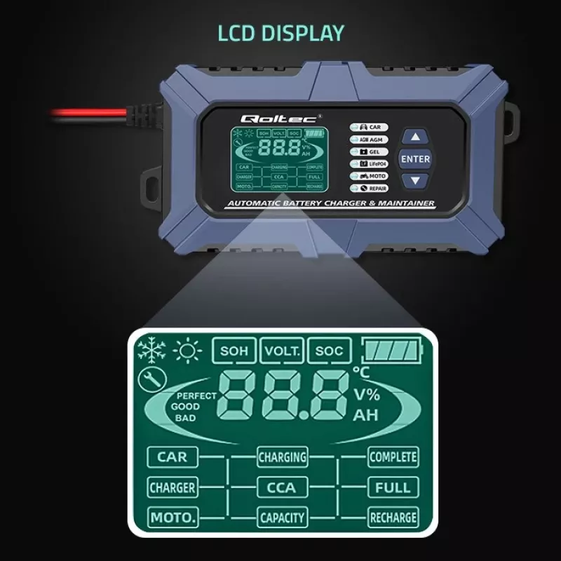 Carregador de bateria inteligente com microprocessador Qoltec com testador de bateria e função de reparação 12V | 6A | LCD | Carregador de bateria para bateria AGM LiFePO4 GEL