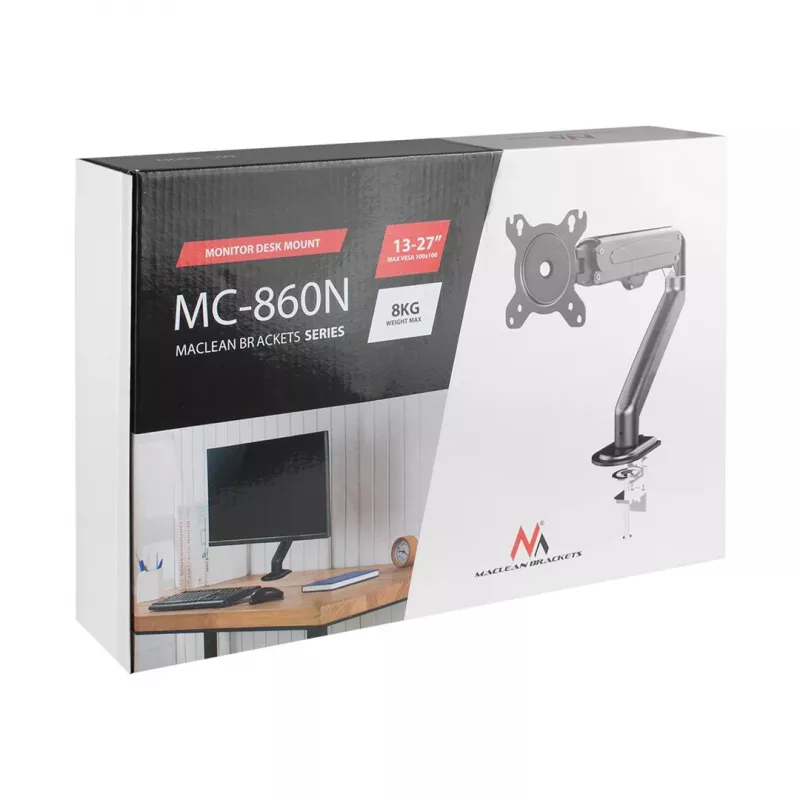 Suporte para monitor Maclean MC-860N, com mola a gás, 13-27, 8 kg, Preto