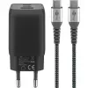 Carregador rápido USB-C Nano, PD, GaN, 65 Watt, cabo trançado USB-C (preto, 1x USB-A, 2x USB-C PD, Quick Charge 3.0, cabo de 1 metro)
