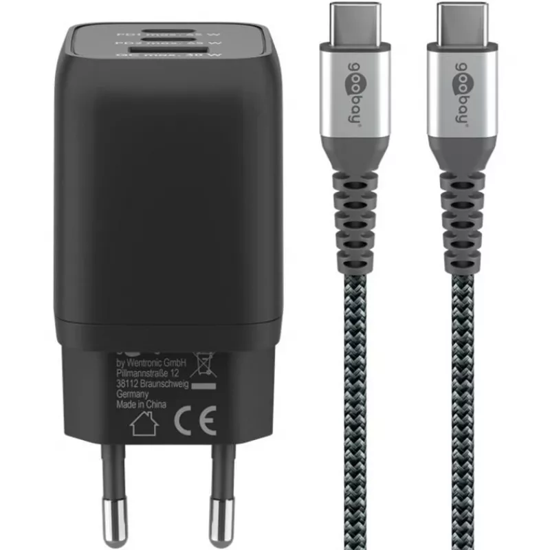 Carregador rápido USB-C Nano, PD, GaN, 65 Watt, cabo trançado USB-C (preto, 1x USB-A, 2x USB-C PD, Quick Charge 3.0, cabo de 1 metro)