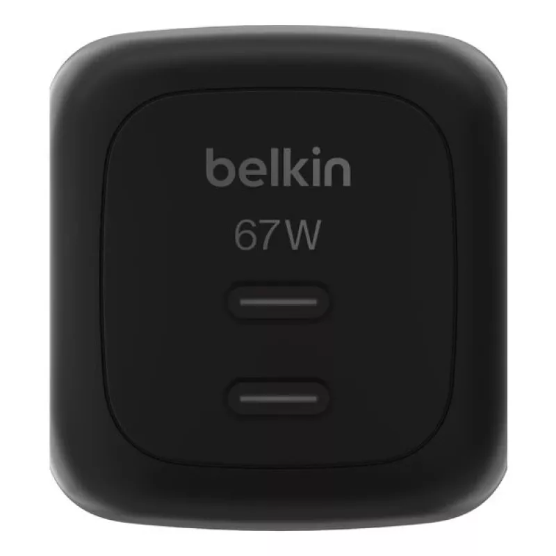 Carregador rápido AC de interior Belkin WCH020kqBK, 2× USB-C, compatibilidade universal, proteção de corrente, preto