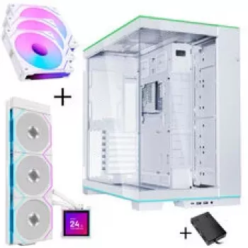 Bundle de caixa de PC Lian Li O11 Dynamic EVO RGB HydroShift II LCD-S 360TL AiO + 3x ventoinhas UNI FAN SL-INF 120 Reverse Blade - branco