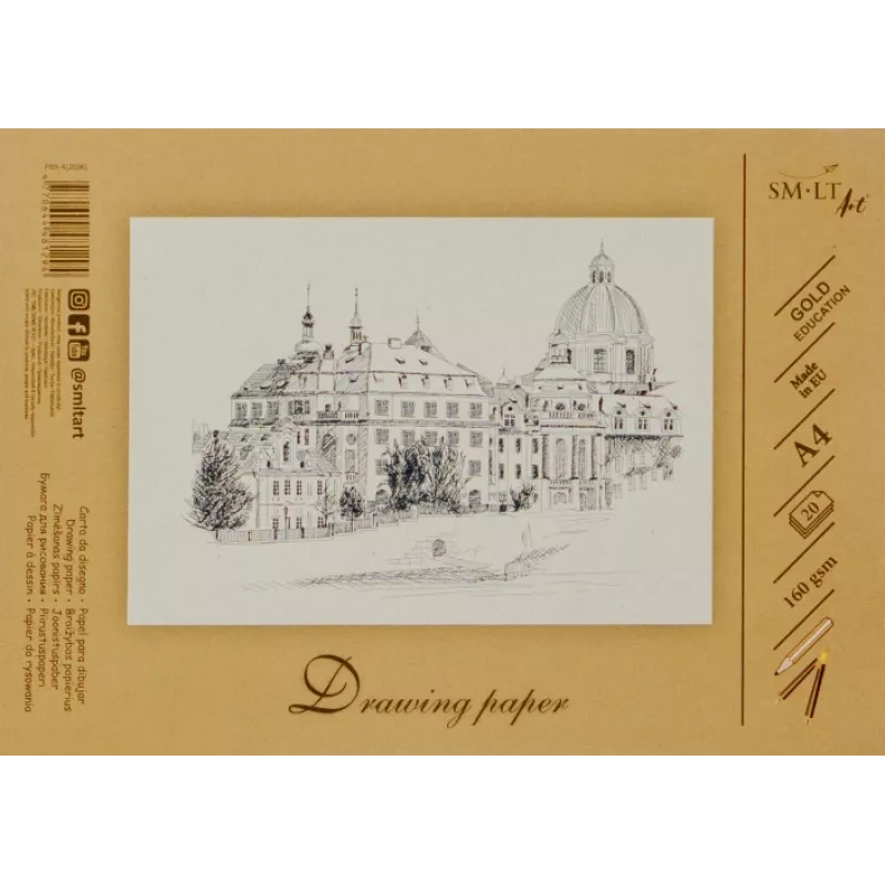 Papel de desenho e esboço SMLT A4, 160 g/m², 20 folhas, colado