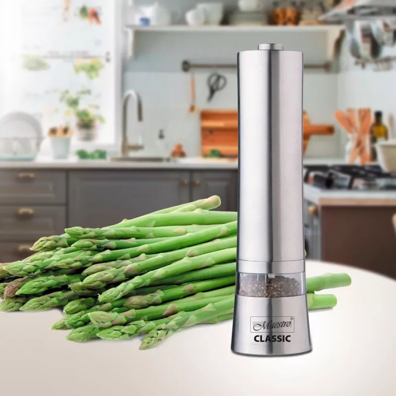 Moínho elétrico de especiarias Maestro MR-1722 200W aço inoxidável, moínho de mesa a pilhas com mecanismo de cerâmica