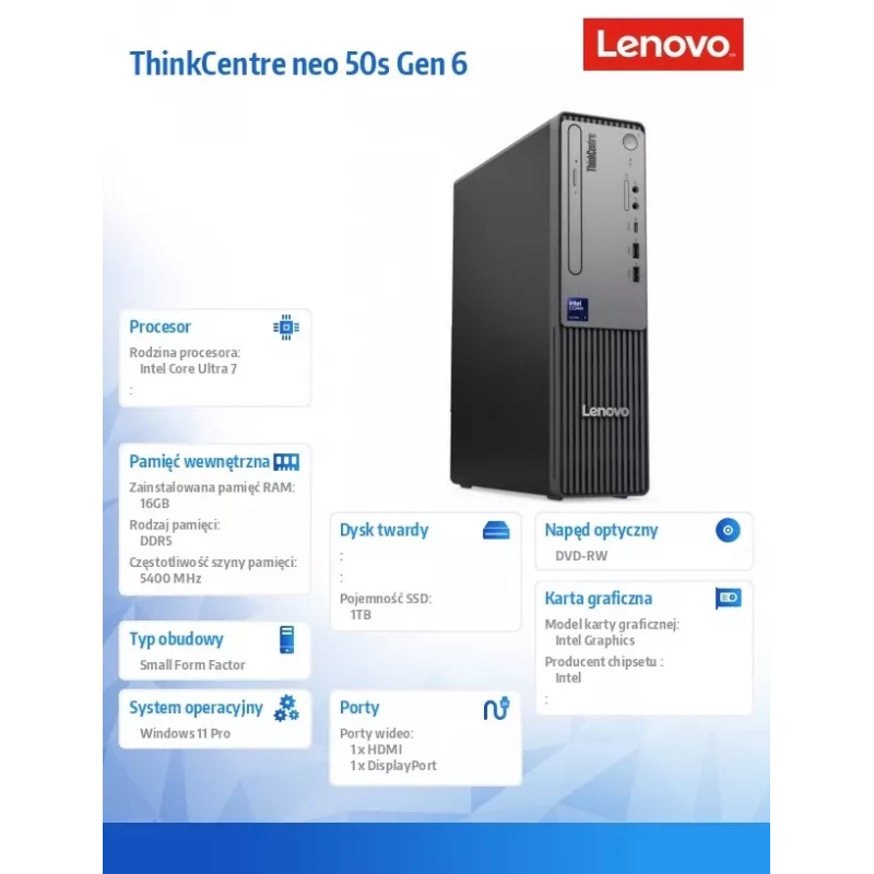Lenovo ThinkCentre neo 50s Gen 6 SFF 13DM001VPB PC de secretária, Intel Core Ultra 7 265, 16GB DDR5, 1TB SSD, DVD±RW, Windows 11 Pro