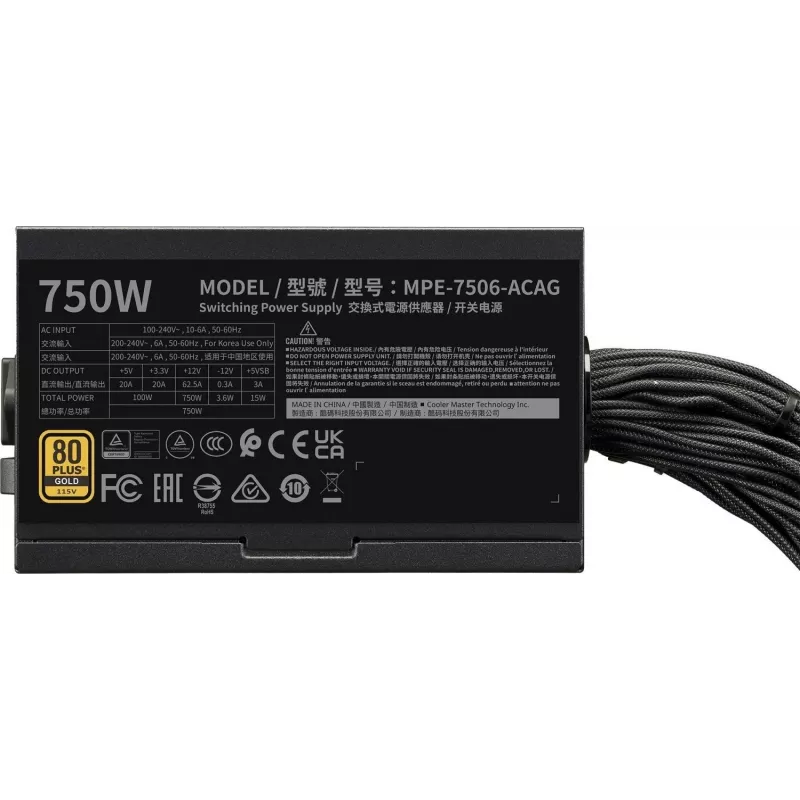 Fonte de alimentação Cooler Master MWE GOLD 750v3 ATX 3.1 750W 80 PLUS Gold não modular, 6x SATA, 4x 6+2 PCIe, 2x 4+4 EPS