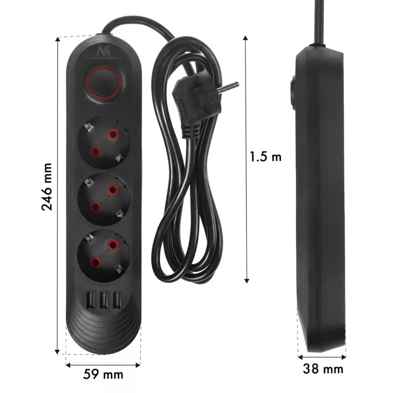 Régua de tomadas MACLEAN MCE394 B — 3 tomadas + 3×USB A, 110–240V, 2,1A USB, 2500W, cabo 1,5 m, preto