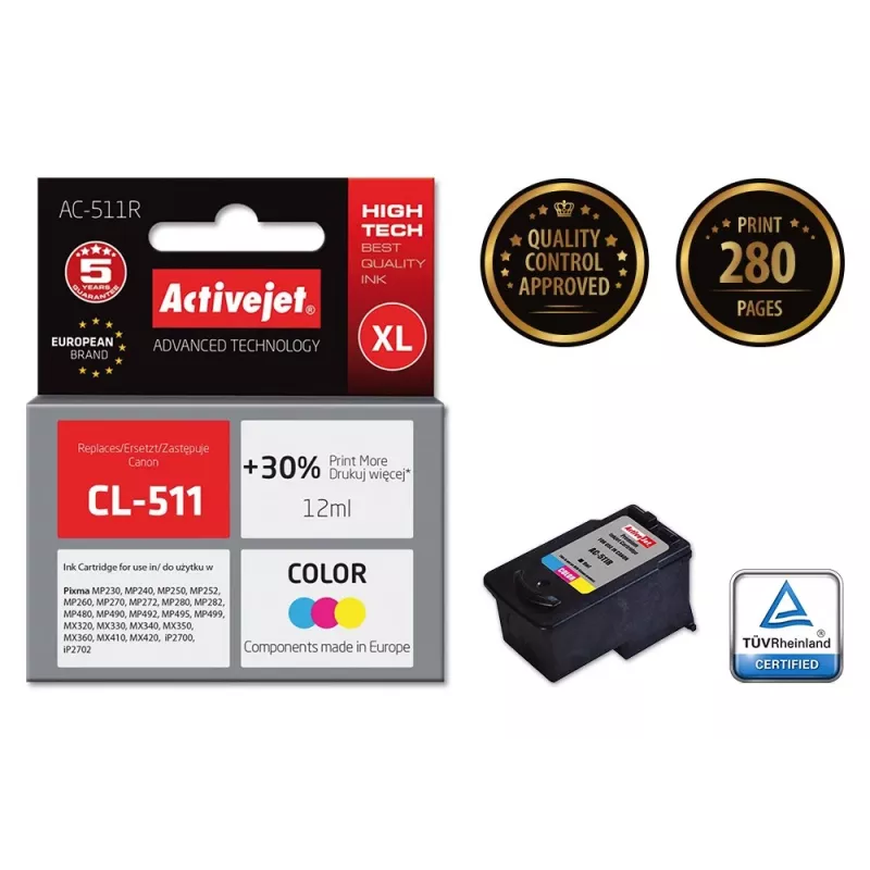 Tinteiro ActiveJet AC-511R compatível com Canon CL-511, à base de corante CMY, capacidade alta (XL) 12 ml, embalagem individual