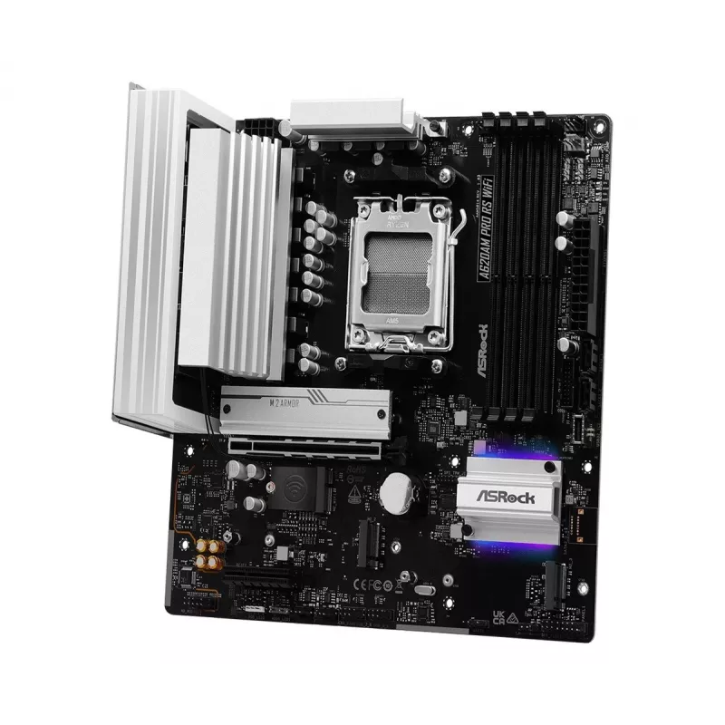 Placa-mãe ASROCK A620AM PRO RS WIFI AM5 microATX, AMD A620, 4×DDR5, Wi‑Fi, HDMI, DP, 3×M.2, 2×SATA, áudio 7.1, LAN 1Gb