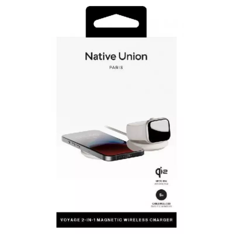 Carregador sem fios 2-em-1 para interior native union Voyage 2-In-1 Wireless Charger Sandstone USB compatível com smartphone cinzento-claro