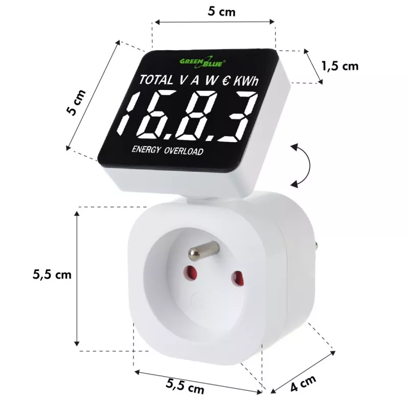 Medidor de energia GreenBlue GB620E para rede 220 V, máx. 16 A, medidor de corrente/energia com ficha