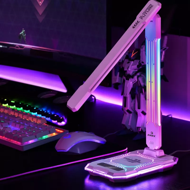 Candeeiro de mesa Hawk HW-LAMP04 branco LED ajustável, superfície branca, cabeça e braço ajustáveis