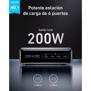 Carregador GeNPrime 200W GaN 4xUSB-C 2xUSB-A preto
