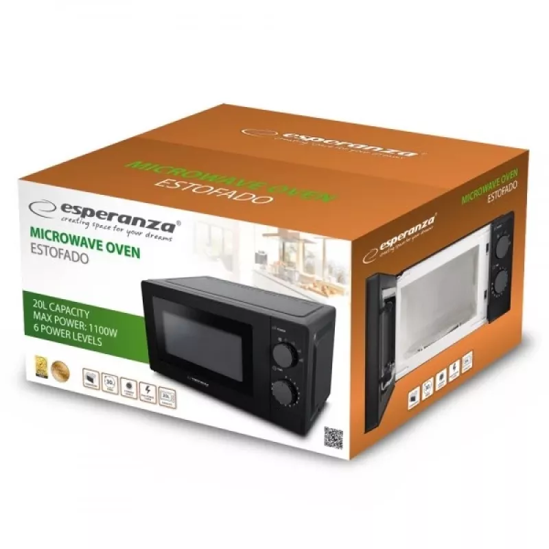 Esperanza ESTOFADO EKO011K micro-ondas solo, de bancada, 20 l, 700 W, 5 níveis de potência, prato rotativo de 24,5 cm, preto