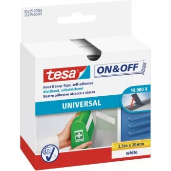 Fita de velcro tesa, 20 mm x 2,5 m, branco autoadesivo, fixação rápida e remoção rápida (55225-00002-00)
