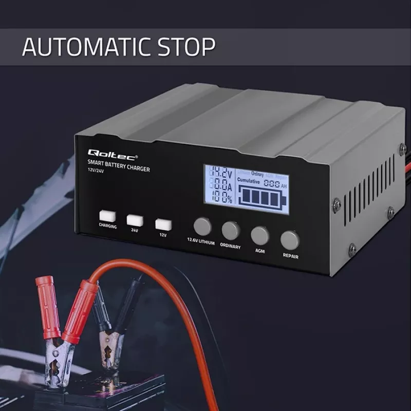 Carregador de baterias QOLTEC 52491 microprocessador 12V/12,6V/24V com LCD