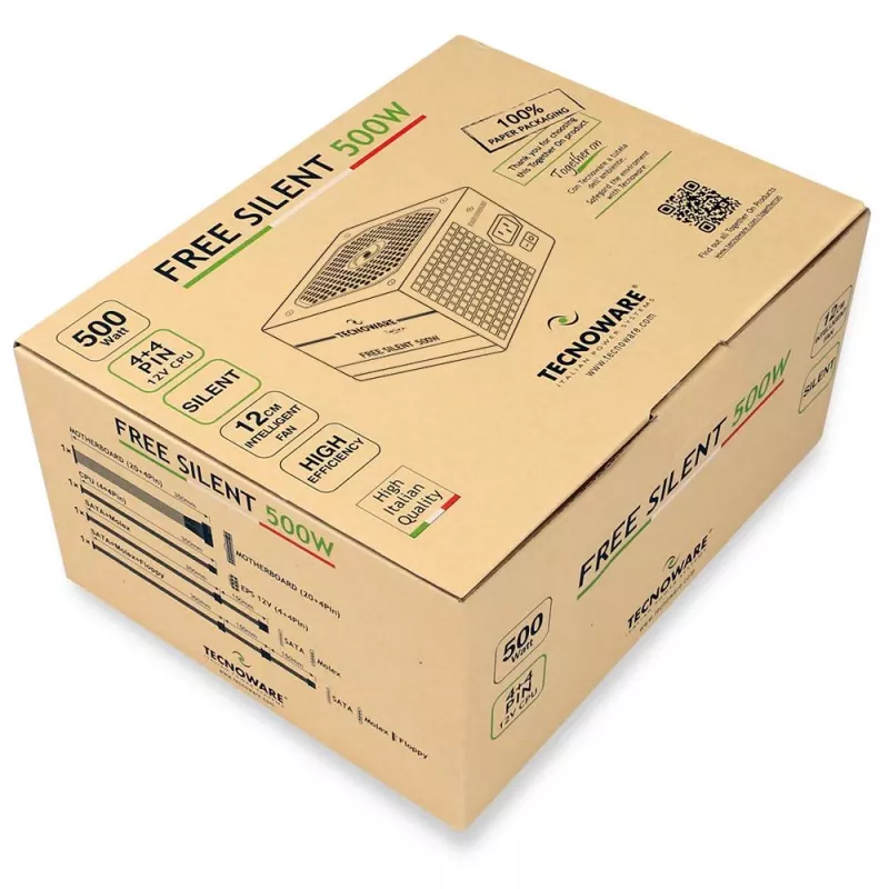 Fonte de alimentação TECNOWARE Free Silent 500 W — ATX, 20+4 pinos, ventoinha de 120 mm, 86% de eficiência