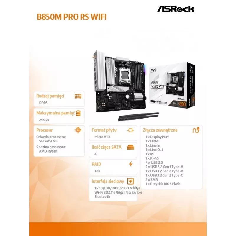 Placa-mãe ASRock B850M Pro RS WiFi — AMD B850, socket AM5, microATX, DDR5, 4 DIMM, 256GB, Wi‑Fi 6E, 2.5Gb LAN, 3x M.2