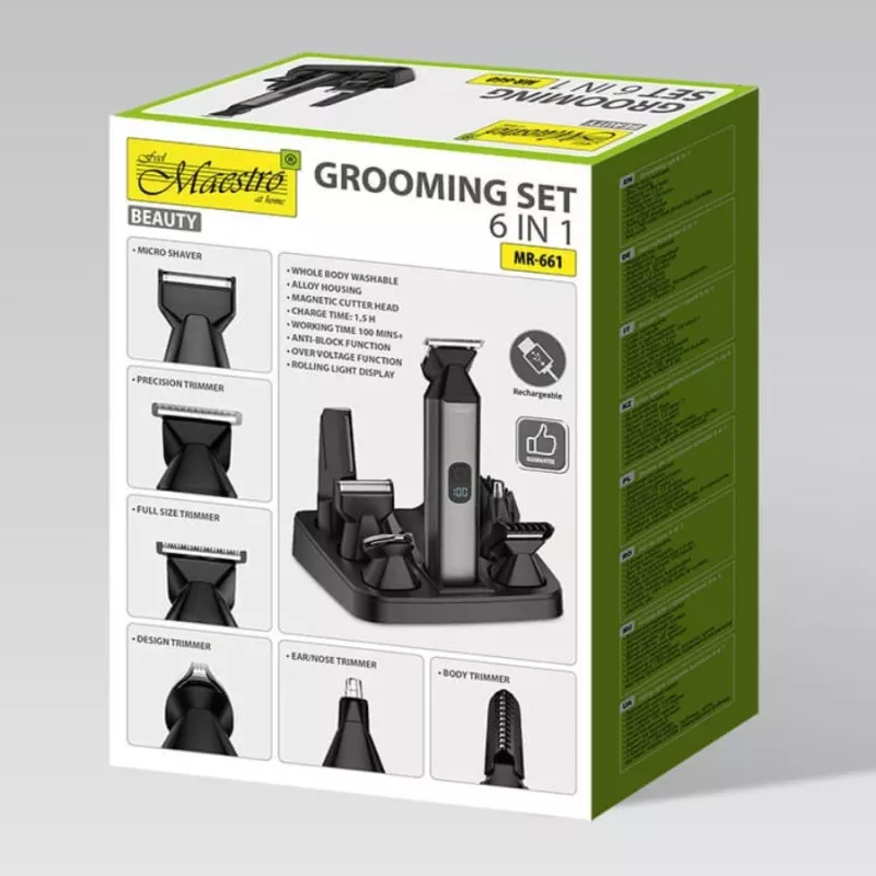 Conjunto de corte de cabelo Maestro MR-661 6-em-1 – preto, conjunto de cuidados multifunções