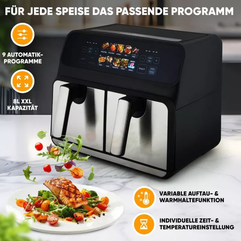 Fritadeira de ar quente ProfiCook PC-FR 1287 H — dupla 8 L, 2200 W, LED tátil, preto/aço inoxidável